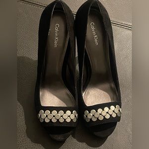 Calvin Klein Peep Toe Caleigh Black Suede Heels, Size 7.5